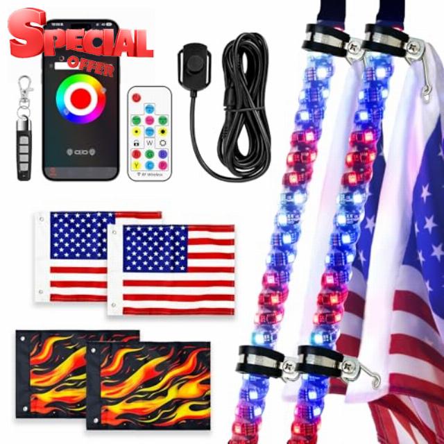 2 Pack 3FT Whip Lights with 4 Flags