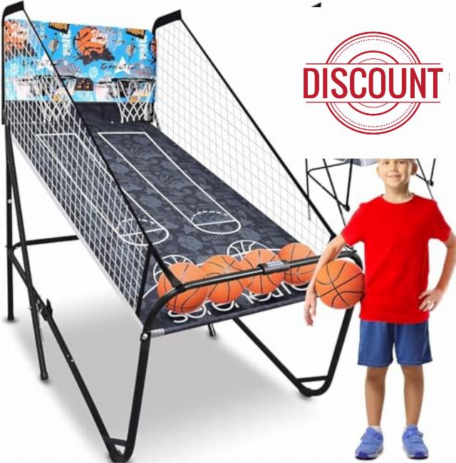 Dual Hoop Basketball Shootout Indoor Home Arcade Room Game with Electronic LED Digital Double Basket Ball Shot Scoreboard and Play Timer Fold-up Court Shooting Sports for Kids and Adults Playe