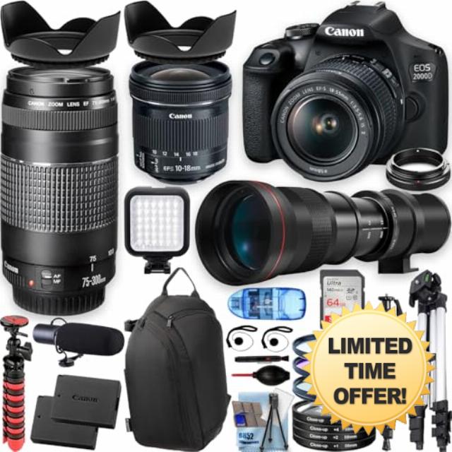 Canon 2000D/EOS Rebel T7 w/18-55mm and 75-300mm Lenses+420-800 Telephoto preset Lens