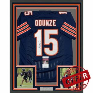Framed Autographed/Signed Rome Odunze 35x39 Chicago Blue Football Jersey JSA COA