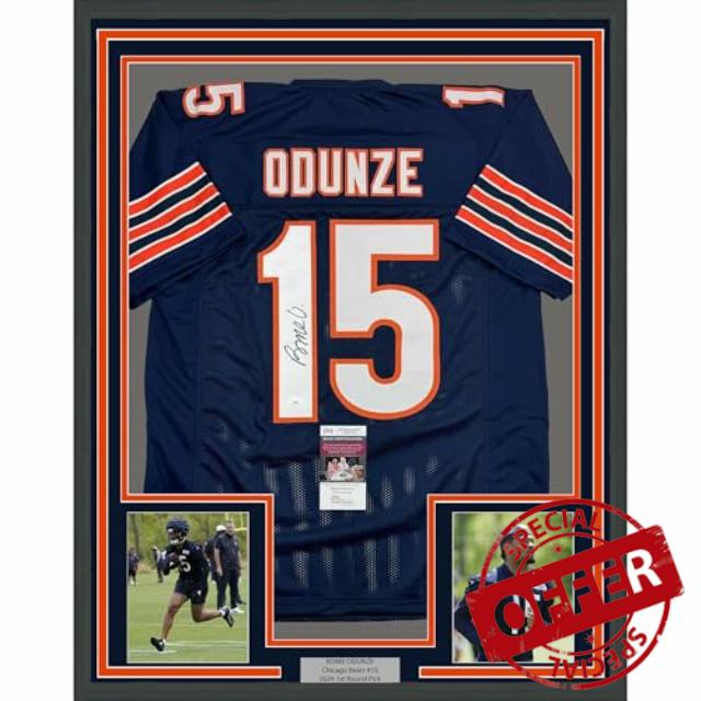 Framed Autographed/Signed Rome Odunze 35x39 Chicago Blue Football Jersey JSA COA