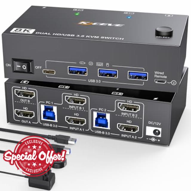 8K HDMI KVM Switch 2 Computers 2 Monitors 8K@60Hz 4K@144Hz