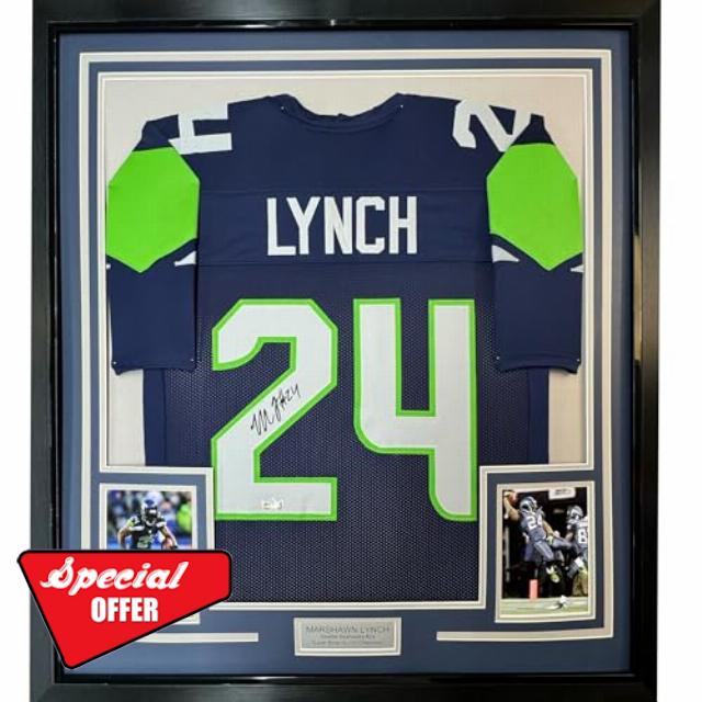 Framed Facsimile Autographed Marshawn Lynch 35x39 Seattle Blue Reprint Laser Auto Football Jersey