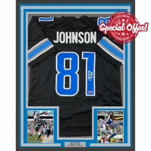 Framed Facsimile Autographed Calvin Johnson 35x39 Detroit Black Reprint Laser Auto Football Jersey