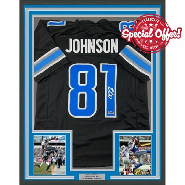 Framed Facsimile Autographed Calvin Johnson 35x39 Detroit Black Reprint Laser Auto Football Jersey