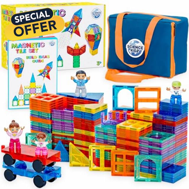Science Kidz Magnetic Tiles - 100 Piece Set + 4 Play Figures + Storage Bag - Magnetic Building Blocks For Kids - Educational STEM Magnet Toys For 3
