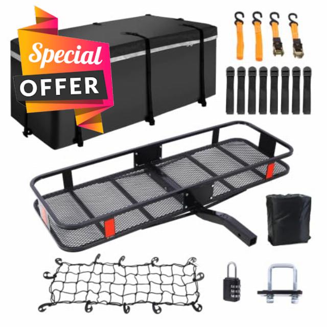Premium Hitch Mount Cargo Carrier Basket with Waterproof Bag - Spacious 60" x 21" x 6" | 500lbs Capacity | Folding Arm