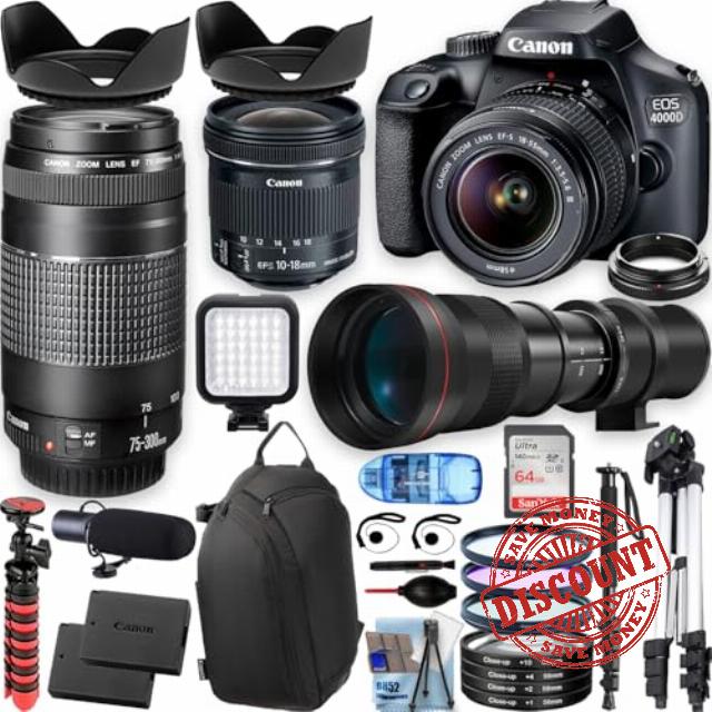 Canon 4000D/EOS Rebel T100 w/18-55mm and 75-300mm Lenses+420-800 Telephoto preset Lens