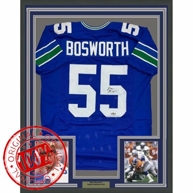 Framed Facsimile Autographed Brian Bosworth 35x39 Seattle Blue Reprint Laser Auto Football Jersey