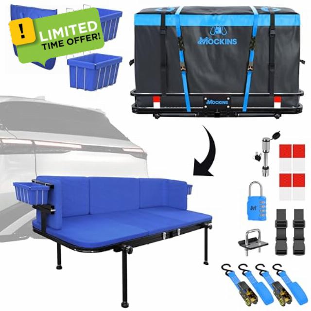 Mockins 48"x18"x6" 2-in-1 Trailer Hitch Seating Cargo Carrier Set w/ 15 CuFt Trailer Hitch Cargo Carrier Bag | 500 lbs Capacity Cargo Hitch Carrier & Bench | Vehicle Soft-Shell Carriers w/Accessories
