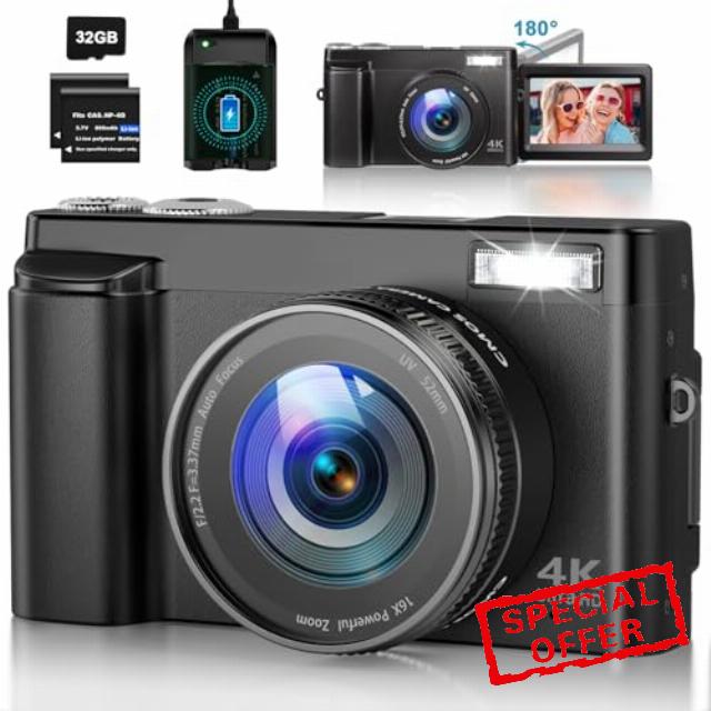 4K Digital Camera for Photography Autofocus 48MP Vlogging Camera for YouTube with SD Card 16X Digital Zoom Compact Camera