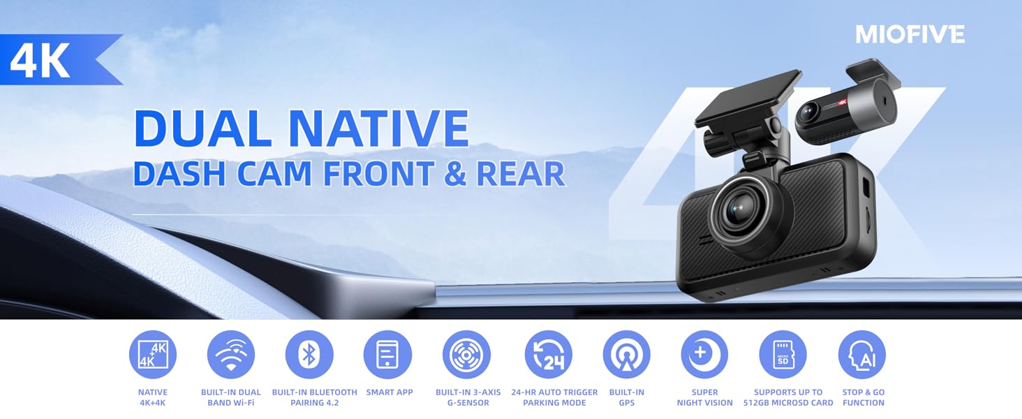 miofive dash cam front and rear camera