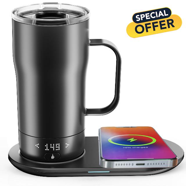 Smart Self Heating Coffee Mug 18 Oz Temperature Control Heated Coffee Mug App Controlled Warmer Mug 5-10 Hour LED Display Keep Coffee Hot All Day Fast Wireless Charger Base Dull Black
