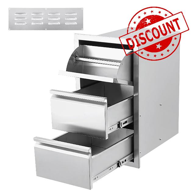 15W x 26H x 20D Inch Outdoor Kitchen Stainless Steel Double Access Drawers with Paper Towel Holder Combo for BBQ Outdoor Kitchen Island or Grill Station