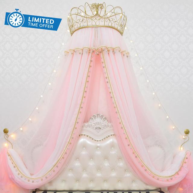 Girl Bed Curtain Princess Crown Mosquito Netting Children Room Decor Bedside Yarn Net Romantic Princess Tents Bed Canopy Valance (Light Pink)