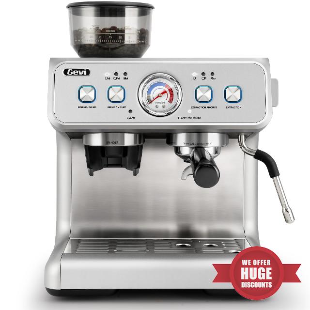 Gevi [2024 Upgraded Dual Boiler Espresso Machine EzBru 2000 | 58mm Grouphead | Barista Level Steam Wand | Built-in Grinder With 31 Size Settings | Full Stainless Steel Housing | Sterling Silver