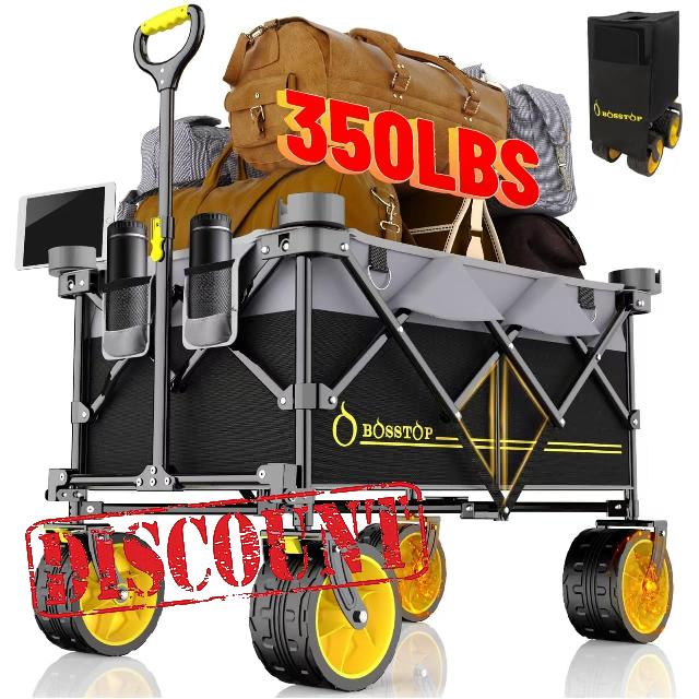 Collapsible Extended Wagon with Big All-Terrain Wheels 350LB& Oversized Outdoor Heavy Duty Utility Garden Cart Foldable Large Beach Wagon for Sand Fishing Camping Portable Grocery Pull Cart