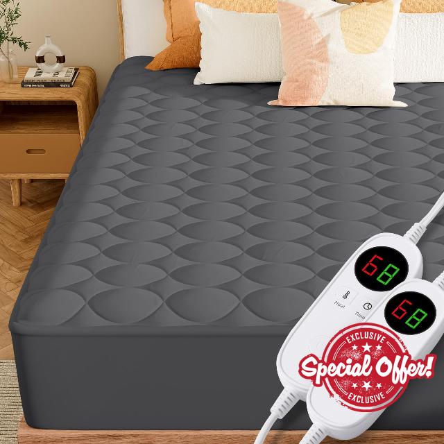 MASVIS King Size Heated Mattress Pad with Dual Control - Quilted Electric Mattress Pad Cover - Auto Shut Off Bed Warmer with Deep Pocket