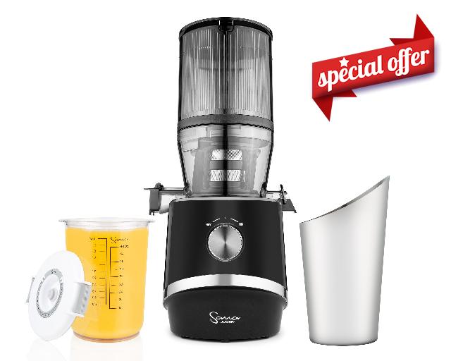 Sana 878 Self Feeding Batch Juicer | 3 Days of Cold Press Juicing Effortlessly | Most Convenient Juicer with Autopilot Configuration | Large Batch 2 Liter Capacity | Whole Fruits & Vegetables | Black