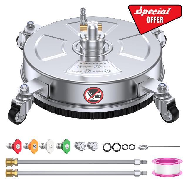 14" Pressure Washer Surface Cleaner 4500 PSI with 304 Industrial-Grade Stainless Steel Housing