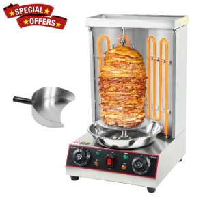Electric Shawarma Grill Machine Vertical Doner Kebab Machine Shawarma Cooker Machine Rotisserie Machine Propane Vertical Broiler with 2 Burners and Meat Catch Pan