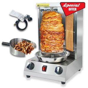 Shwarma Grill Machine Gas Doner Kebab Machine Shawarma Cooker Propane Turkish Gyro Meat Rotisserie with 2 Burner and Meat Catch Pan