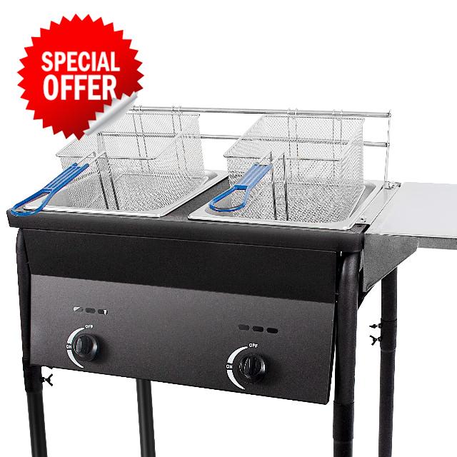 Cast Iron Black Deep Fryer | Two Tank Outdoor Propane Deep Fryer With 2 Stainless Steel Baskets & Lids | Adjustable Temperature Gas Fryer With Regulating Knobs | Large Oil Tanks Capacity