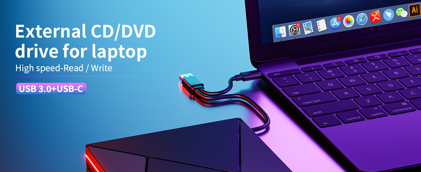 External CD DVD Drive with RGB, USB 3.0 and Type-C