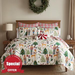 Levtex Home - Nutcracker Quilt Set - Full/Queen Quilt and Two Standard Shams - Whimsical Christmas - Red Green White Taupe - Quilt (88x92in.) and Shams (20x26in.) - Reversible - Cotton/Polyester