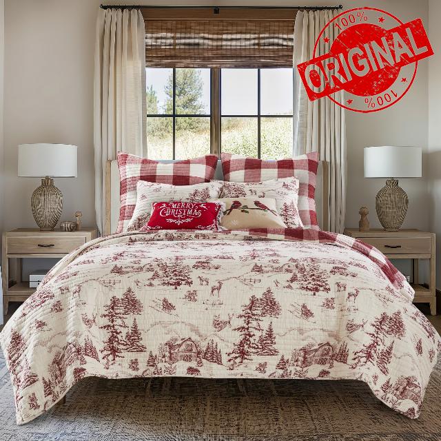 Levtex Home - Winter Sleigh Ride Quilt Set - King Quilt and Two King Shams - Winter Village - Red Cream - Quilt (106x92in.) and Shams (20x36in.) - Reversible - Cotton