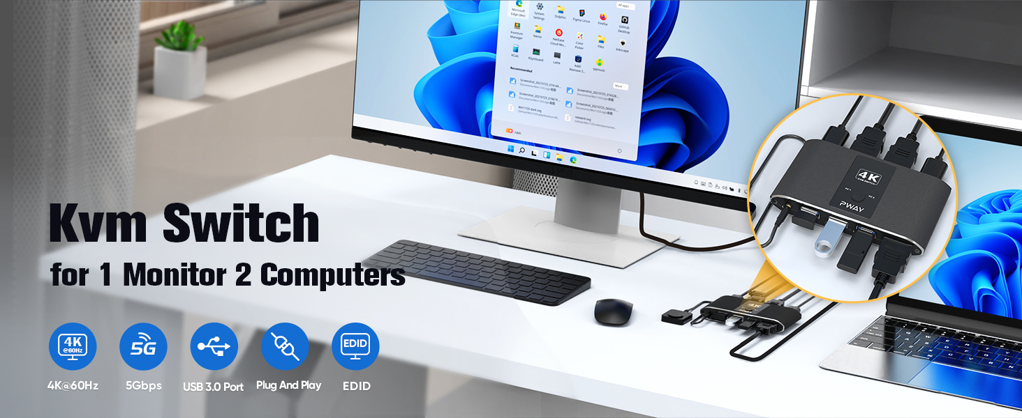 Kvm Switch HDMI 1 Monitors 2 Computers 4K@60Hz Sharing USB Devices with 3 USB 3.0 Ports