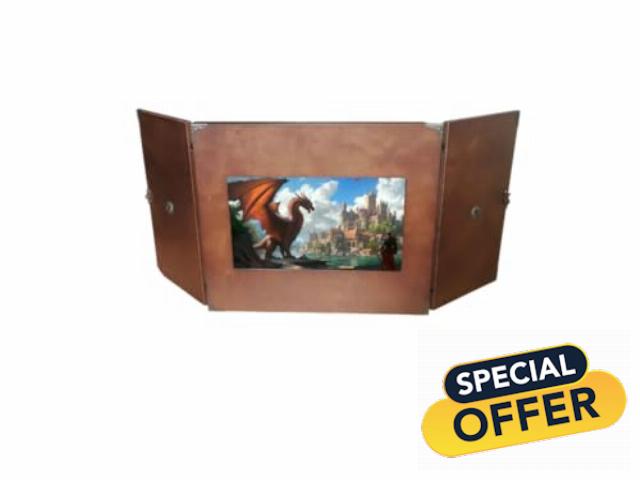 Dungeon Master Screen with Monitor by Yamata Labs - DM Screen with Digital Display - Antique Dark Wood