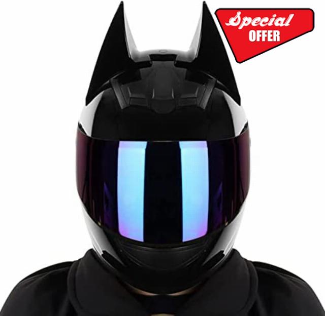 Men Women Bat Ear Knight Motorcycle Helmet - Full Face Cool Cat Ears Helmets for Street Chopper Cruiser Moped Scooter - Unisex