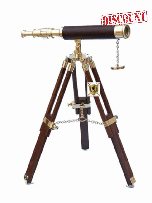 Vintage Shiny Brass Pirate Telescope on Tripod Stand Floor Standing Brass Leather Telescope With Wooden Tripod Stand Home Decorative Gif