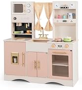 GYMAX Wooden Play Kitchen, Kids Toy Kitchen with Microwave, Fridge, Water Dispenser, Telephone, O...
