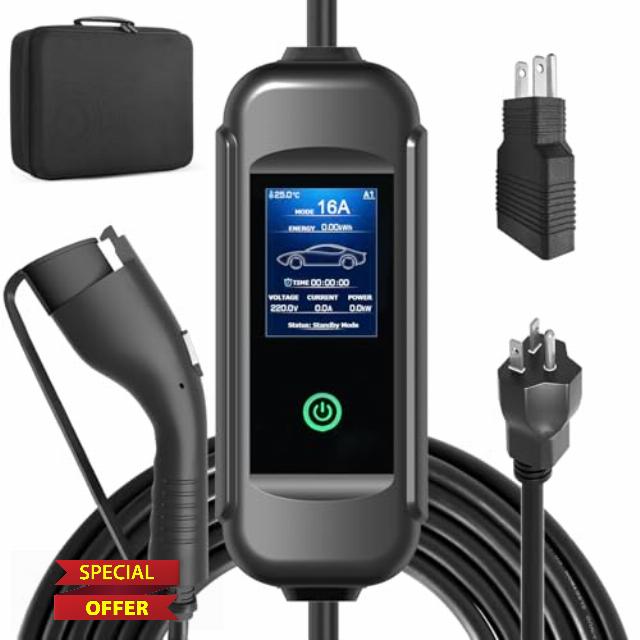 Level1- Level2(16/13/10/8 Amps Adjustable) Portable EV Charger with LED Display 110-240 Volts