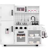 GYMAX Kids Corner Kitchen, Wooden Toy Kitchen with Microwave, Washing Machine, Ice Maker, Cooking...