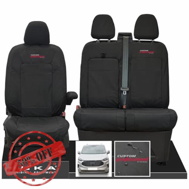 Inka The All New Ford Transit Custom Front Set 1+2 Tailored Waterproof Seat Covers Black with logo MY2024 onwards (Choice of 7 Colours) (Red)