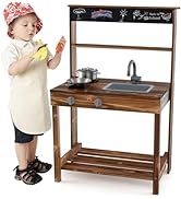 GYMAX Kids Mud Kitchen, Double-Sided Toy Kitchen with Stoves, Removable Sink, Chalkboard, Metal B...