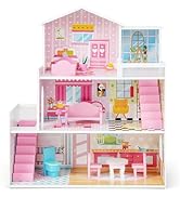 GYMAX Kids Dollhouse, 3 Storey Fully Furnished House Playset with 6 Simulated Rooms & 15 Furnitur...