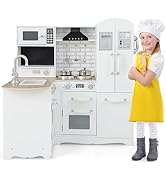 GYMAX Kids Play Kitchen, Wooden Toy Kitchen with Stoves, Microwave, Ice Maker, Fridge, Telephone,...