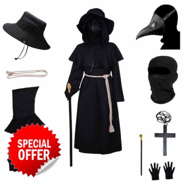 Halloween Mask Plague Doctors Mask Long Nose Bird Beak Steampunk Latex Mask Halloween Costume cloak with Hooded Cloak Gloves Cane for Halloween Party Punk Carnival Masquerade
