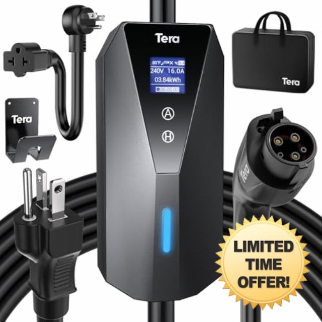 Tera Electric Vehicle Charger Portable: Level 2 & 1 J1772 16A 8A 110V 240V ETL NEMA 6-20 Plug Indoor & Outdoor EV Charging Station with NEMA 5-15 Adapter Cord 23FT Cable B08