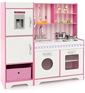 GYMAX Kids Kitchen Playset, Large Plastic Play Kitchen with Ovens, Cooker Hood, Storage Space, Co...