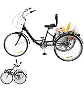 Fridgestea 24 Inch Folding Tricycle for Adults, 7 Speed Cargo Trike, 3 Wheel Bicycle with Shoppin...