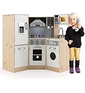 GYMAX Kids Corner Kitchen, Wooden Play Kitchen with Stoves, Microwave, Oven, Telephone, Range Hoo...