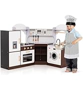 GYMAX Wooden Toy Kitchen, 2 in 1 Kids Play Kitchen with Oven, Stove, Sink, Ice Dispenser, Cookwar...