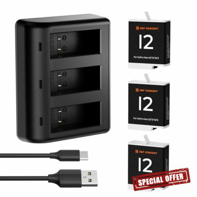 K&F Concept 3-Pack Replacement Battery for Go Pro 12