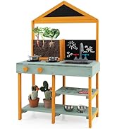 GYMAX Kids Barbecue Playset, Wooden Kid’s Pretend BBQ Grill Play Set with Play Food, Grilling Too...