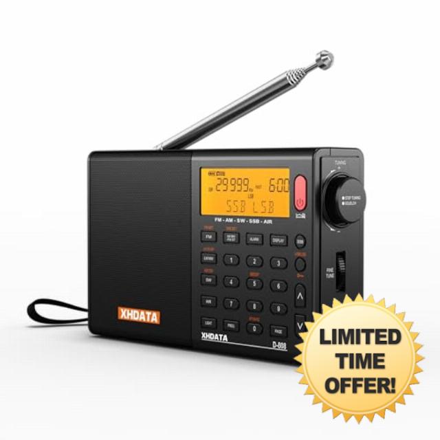 D808 Portable AM FM SW LW Air Band Radio SSB RDS Multi Band Radio Speaker with LCD Display Alarm Clock External Antenna (Black)